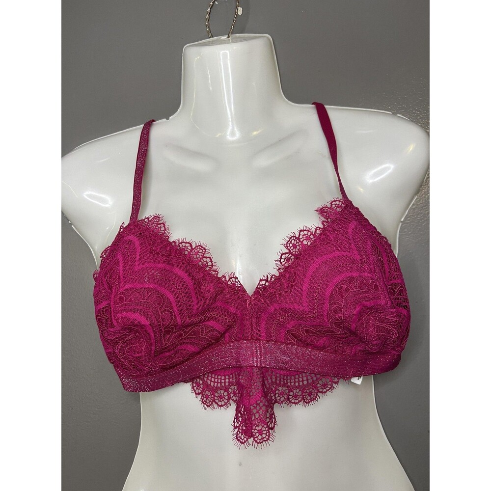 Free People Bralette Bra Womens M Pink Lace Sheer Mesh V Neck Strappy Wireless